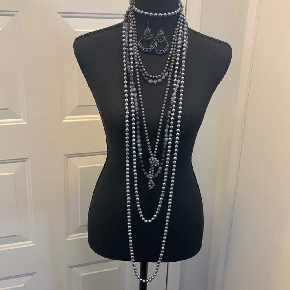 Set of 4 Blue/Gray Beaded Necklaces